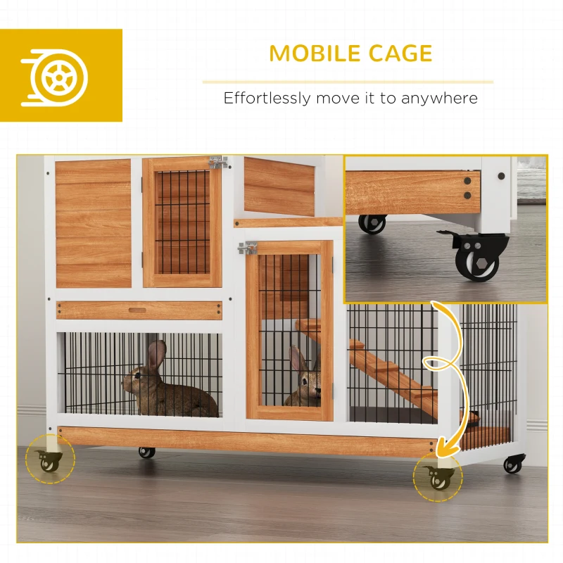 PawHut Wooden Rabbit Hutch, Indoor Bunny Cage with Wheels, Pull Out Trays, Run, Yellow