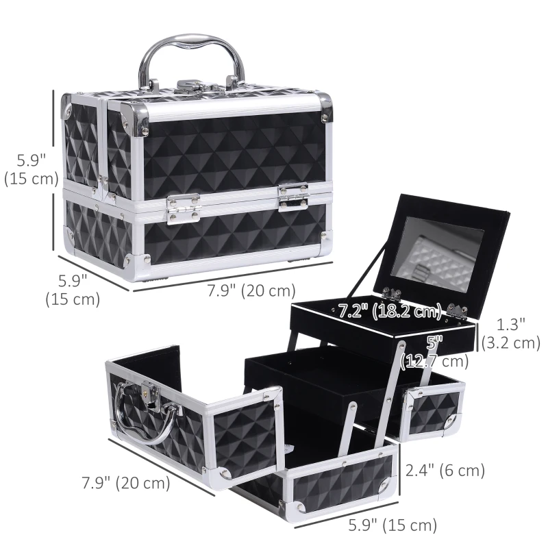 HOMCOM 3 Tier Diamond Texture Makeup Case Train Case Cosmetic Organizer with Mirror, Black