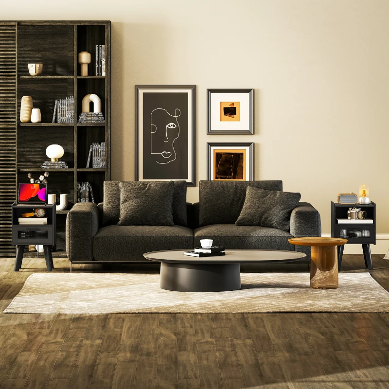 HOMCOM Modern NightStands Set of 2 with Charging Station, Storage, Glass Decorative Door for Bedroom, Living Room, Black