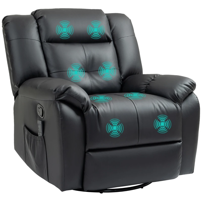 HOMCOM 8-Point Vibration Massage Recliner Chair, PU Leather Manual Reclining Sofa, Swivel Nursery Rocking Chair with Remote Control, Side Pockets, for Living Room, Black
