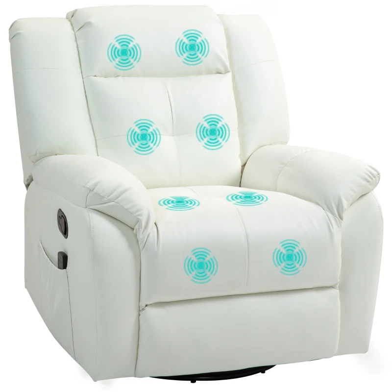 HOMCOM 8-Point Vibration Massage Recliner Chair, PU Leather Manual Reclining Sofa, Swivel Nursery Rocking Chair with Remote Control, Side Pockets, for Living Room, Cream White