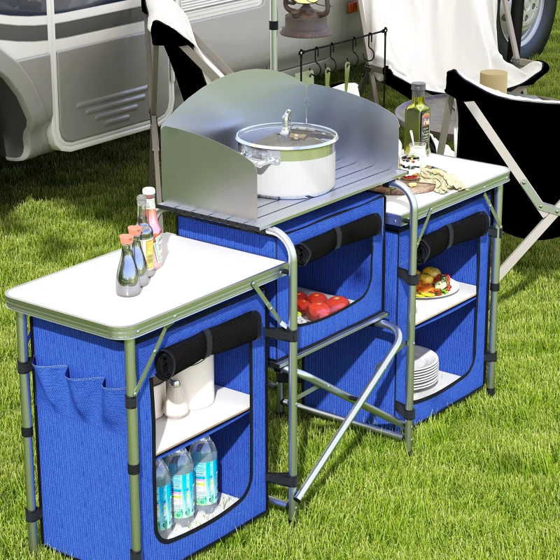 Outsunny Aluminum Camping Kitchen, Portable Folding Camping Table with Fabric Cupboards, Windshield, Bag for BBQ, Picnic, Blue