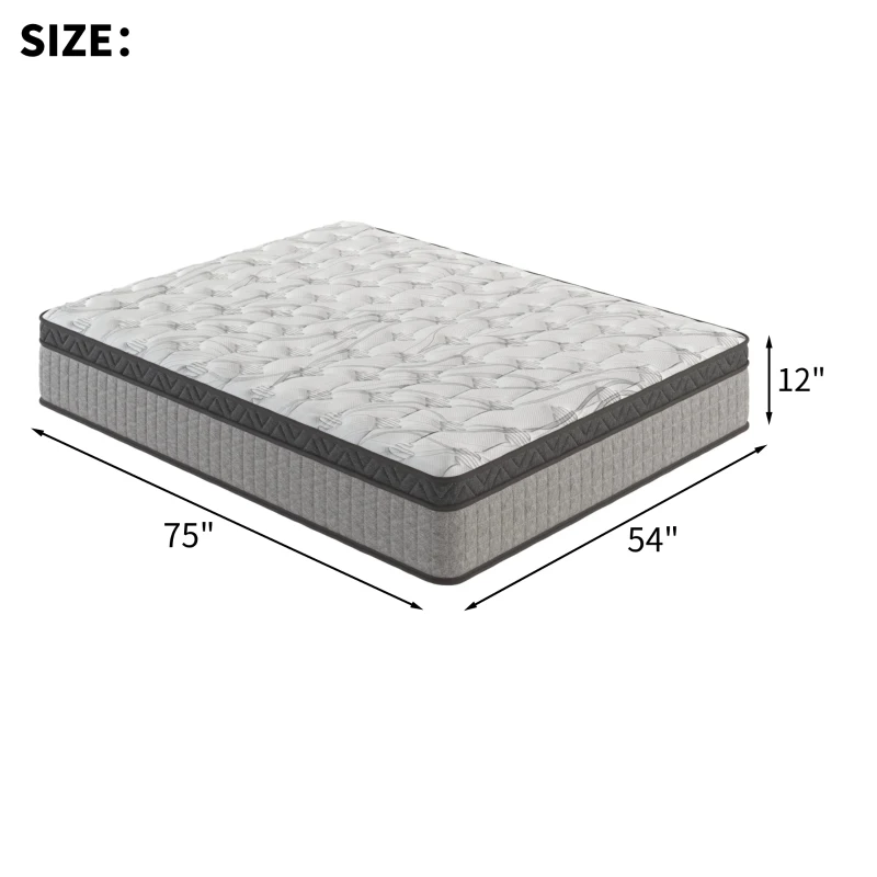 12" Full Diamond Innerspring Hybrid Mattress with Cooling Gel Memory Foam, Pressure Relief, Motion Isolation, 75" L x 54" W x 12" H, Gray