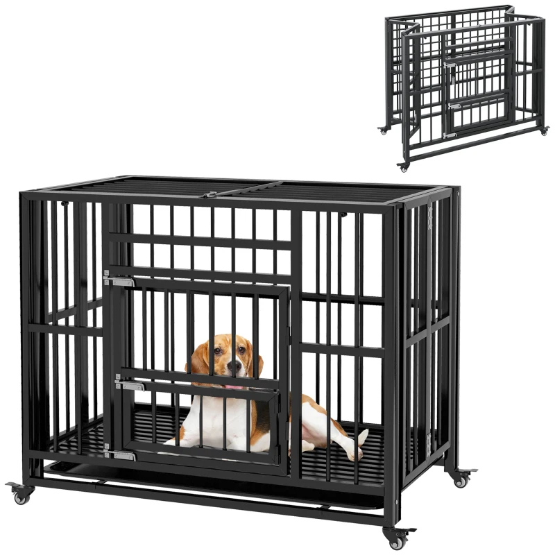 PawHut 37" Heavy Duty Dog Crate, Foldable Dog Cage on Wheels with Double Locks, Removable Tray, Openable Top, Double Doors, Indoor Outdoor Use, for Small and Medium Dogs - Black