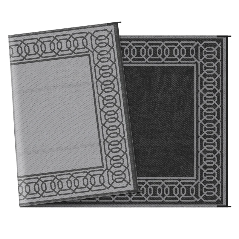 Outsunny Outdoor Rug for Patio, 9' x 18' Waterproof Large Mat, Reversible Plastic Straw Rug for Decor, Portable Outside RV Camping Area Carpet Mat for Backyard Porch Deck Picnic, Black & Gray Border
