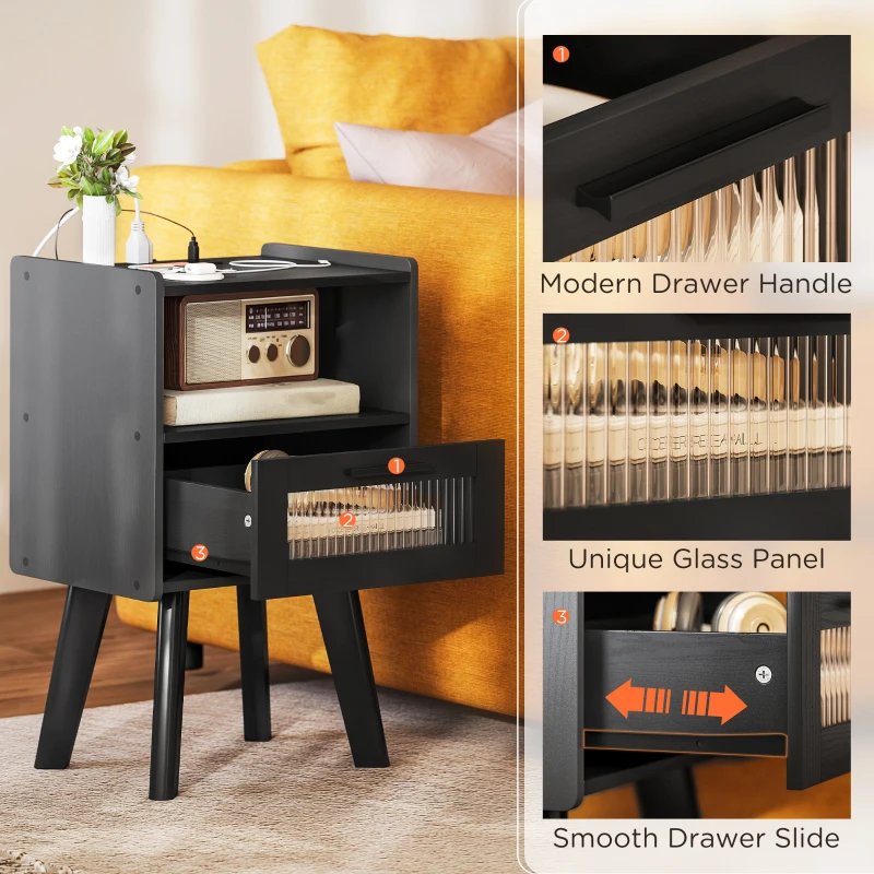 HOMCOM Modern NightStands Set of 2 with Charging Station, Storage, Glass Decorative Door for Bedroom, Living Room, Black