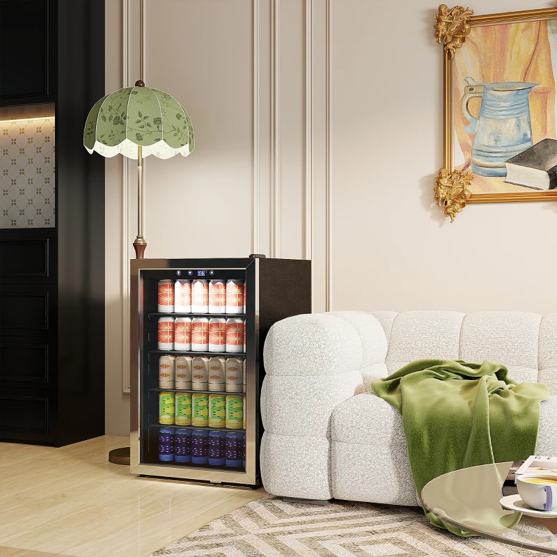 HOMCOM 160 Can Beverage Fridge 4.4 Cu.Ft. Beer Fridge with Double-Layer Glass Door Adjustable Shelves for Beer Soda Drink Wine