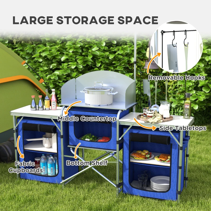 Outsunny Aluminum Camping Kitchen, Portable Folding Camping Table with Fabric Cupboards, Windshield, Bag for BBQ, Picnic, Blue