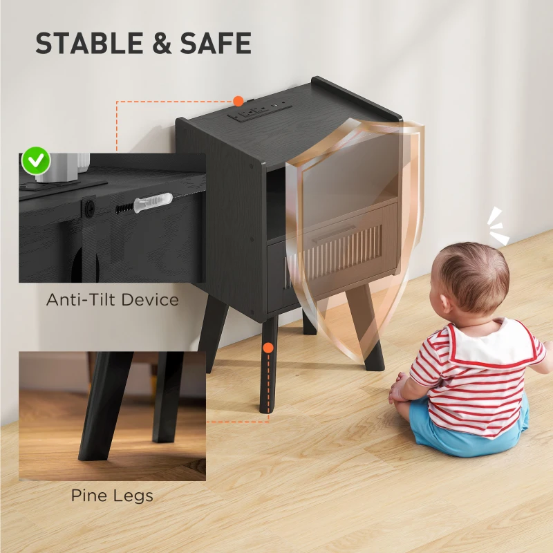 HOMCOM Modern NightStands Set of 2 with Charging Station, Storage, Glass Decorative Door for Bedroom, Living Room, Black