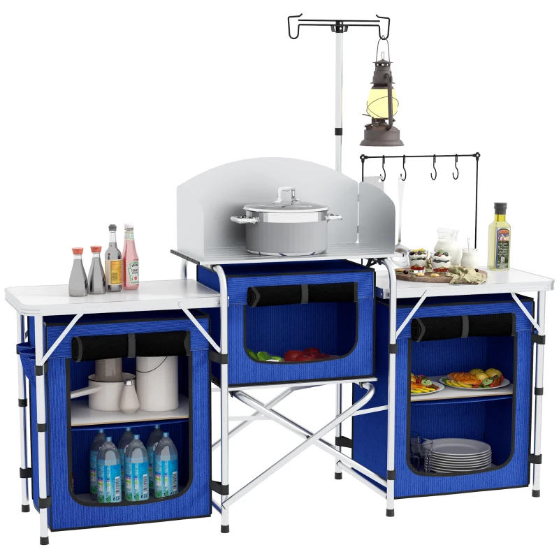 Outsunny Aluminum Camping Kitchen, Portable Folding Camping Table with Fabric Cupboards, Windshield, Bag for BBQ, Picnic, Blue