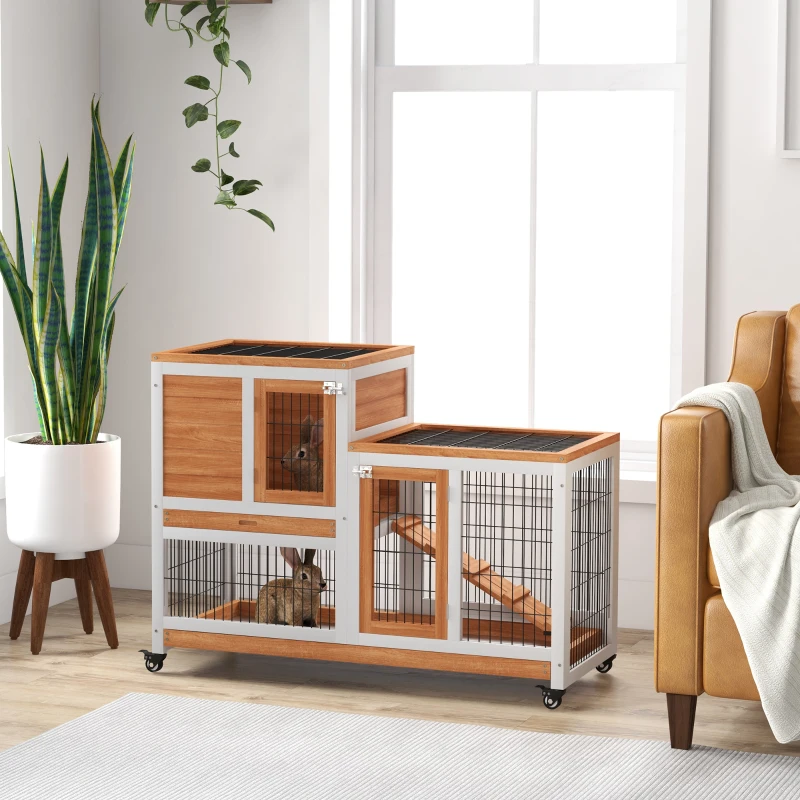 PawHut Wooden Rabbit Hutch, Indoor Bunny Cage with Wheels, Pull Out Trays, Run, Yellow