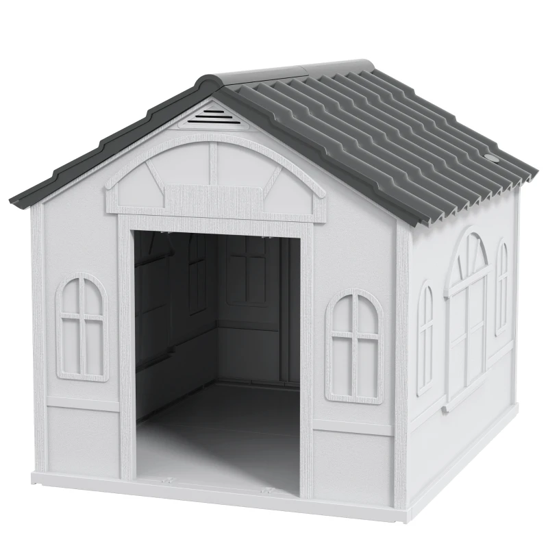 PawHut 26" Plastic Dog House Outdoor with Air Vents, for Small Medium Dogs, Grey
