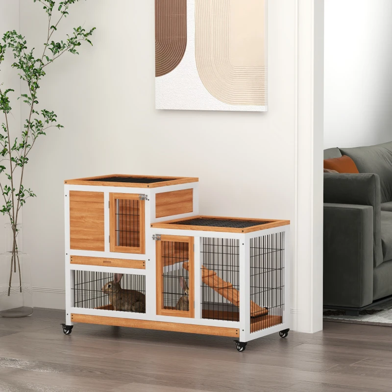 PawHut Wooden Rabbit Hutch, Indoor Bunny Cage with Wheels, Pull Out Trays, Run, Yellow