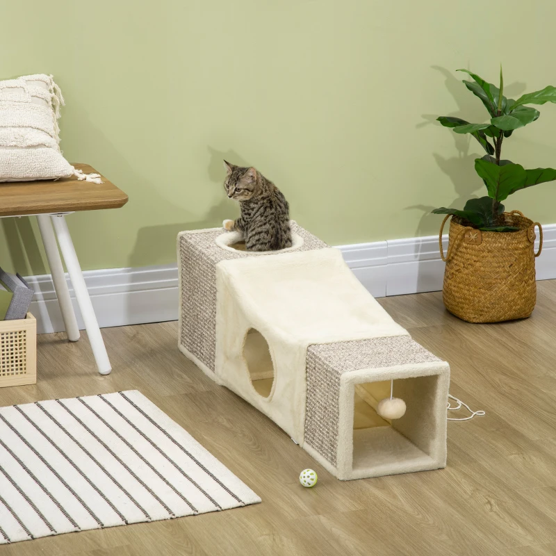 PawHut 39" Long Cat Tunnel, Plush Catio Outdoor Cat Enclosure with Two Caves and Hanging Ball, Cream White