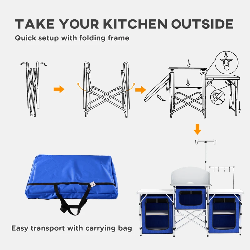 Outsunny Aluminum Camping Kitchen, Portable Folding Camping Table with Fabric Cupboards, Windshield, Bag for BBQ, Picnic, Blue