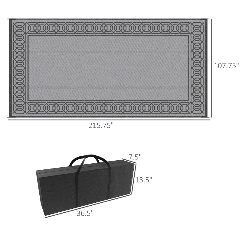 Outsunny Outdoor Rug for Patio, 9' x 18' Waterproof Large Mat, Reversible Plastic Straw Rug for Decor, Portable Outside RV Camping Area Carpet Mat for Backyard Porch Deck Picnic, Black & Gray Border