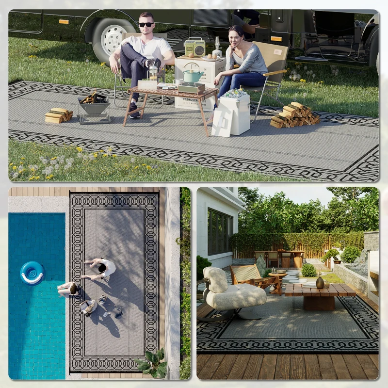 Outsunny Outdoor Rug for Patio, 9' x 18' Waterproof Large Mat, Reversible Plastic Straw Rug for Decor, Portable Outside RV Camping Area Carpet Mat for Backyard Porch Deck Picnic, Black & Gray Border
