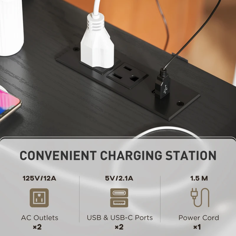 HOMCOM Modern NightStands Set of 2 with Charging Station, Storage, Glass Decorative Door for Bedroom, Living Room, Black