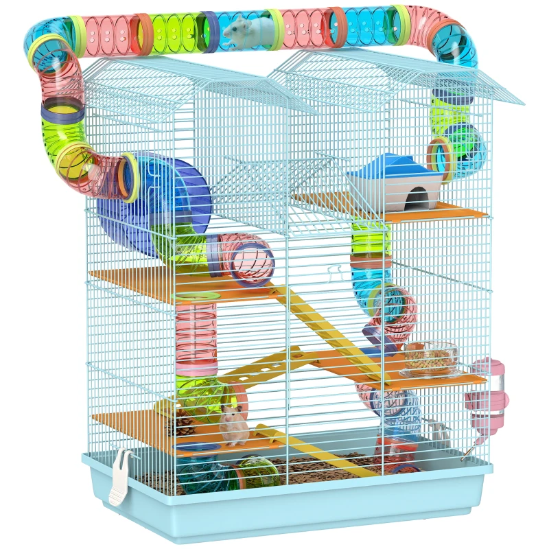 PawHut 18.5" Hamster Cage, 5 Tiers Small Animal House with Tunnel Tube System, Exercise Wheel, Water Bottle, Light Blue