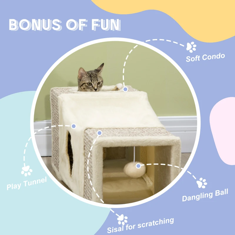 PawHut 39" Long Cat Tunnel, Plush Catio Outdoor Cat Enclosure with Two Caves and Hanging Ball, Cream White