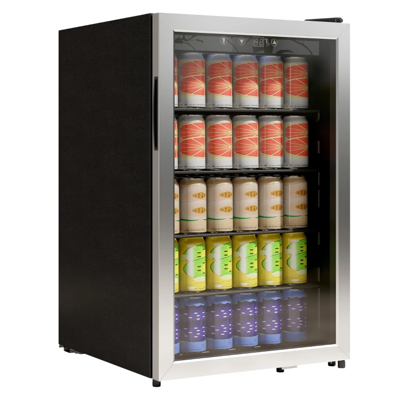 HOMCOM 160 Can Beverage Fridge 4.4 Cu.Ft. Beer Fridge with Double-Layer Glass Door Adjustable Shelves for Beer Soda Drink Wine