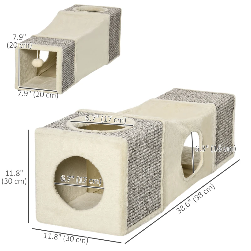PawHut 39" Long Cat Tunnel, Plush Catio Outdoor Cat Enclosure with Two Caves and Hanging Ball, Cream White