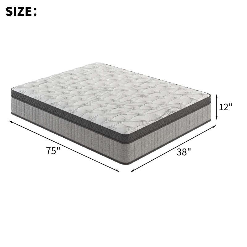12" Twin Diamond Innerspring Hybrid Mattress with Cooling Gel Memory Foam, Pressure Relief, Motion Isolation, 75" L x 38" W x 12" H, Gray