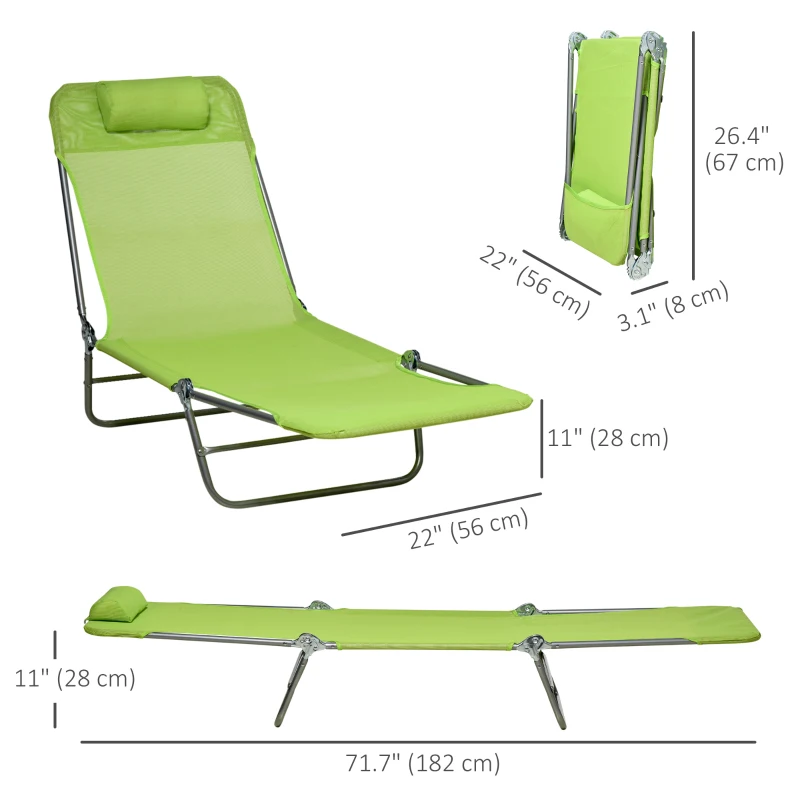 Outsunny Set of 2 Folding Chaise Lounge Chairs, Outdoor Poolside Sun Tanning Chairs w/ Pillow, Reclining Backrest, Green