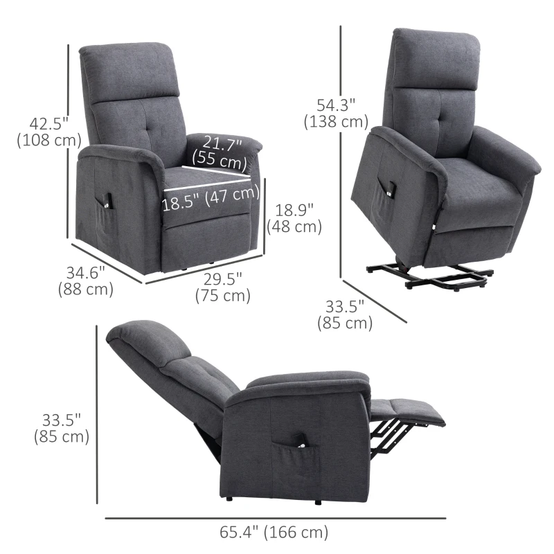 HOMCOM Power Lift Chair Electric Recliner Sofa for Elderly with Remote Control & Side Pocket for Living Room, Grey