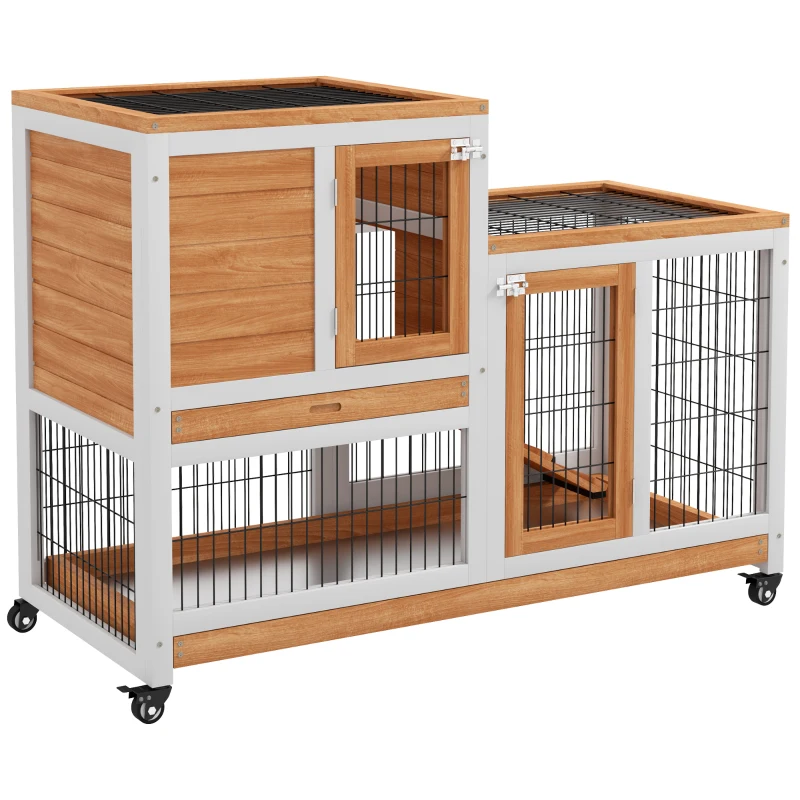 PawHut Wooden Rabbit Hutch, Indoor Bunny Cage with Wheels, Pull Out Trays, Run, Yellow