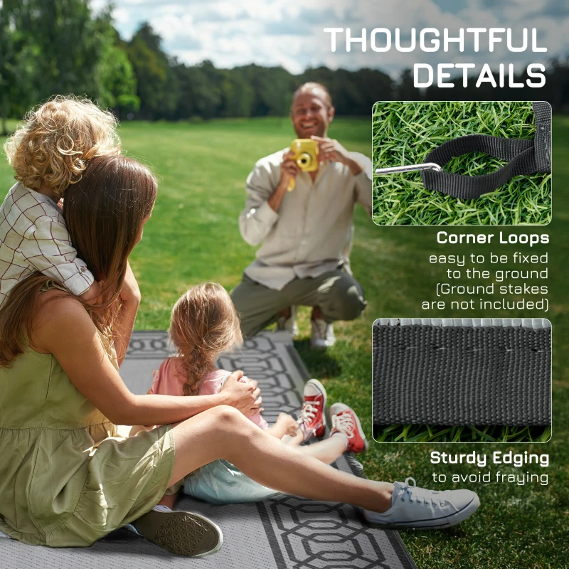 Outsunny Outdoor Rug for Patio, 9' x 18' Waterproof Large Mat, Reversible Plastic Straw Rug for Decor, Portable Outside RV Camping Area Carpet Mat for Backyard Porch Deck Picnic, Black & Gray Border