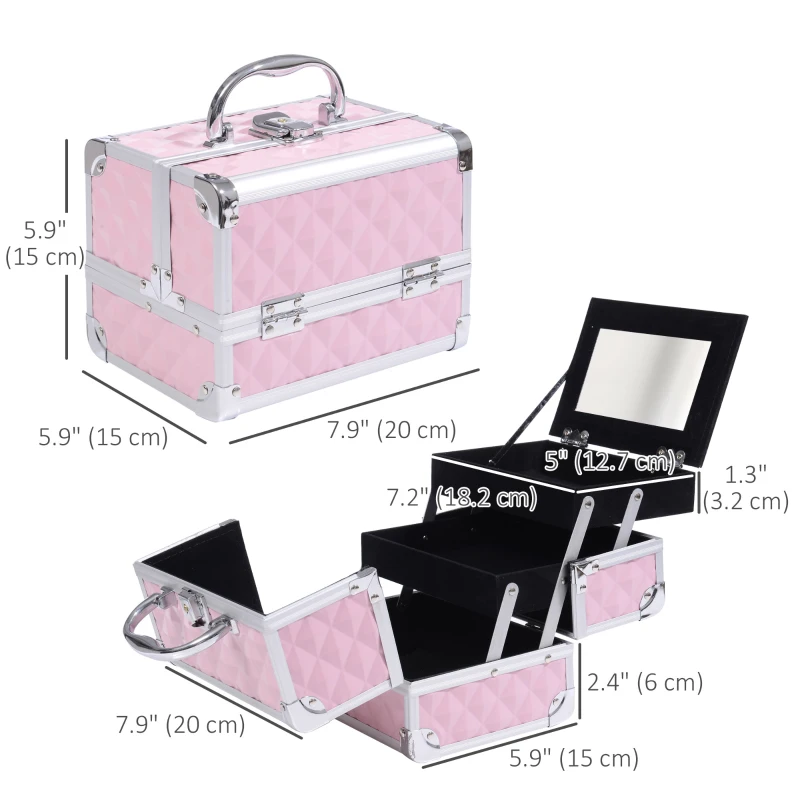 HOMCOM 3 Tier Diamond Texture Makeup Case Train Case Cosmetic Organizer with Mirror, Pink