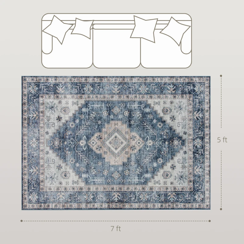 HOMCOM 5x7 Area Rug, Vintage Machine Washable Rug, Non-Slip Floor Carpet for Living Room, Bedroom, Dining Room, Blue