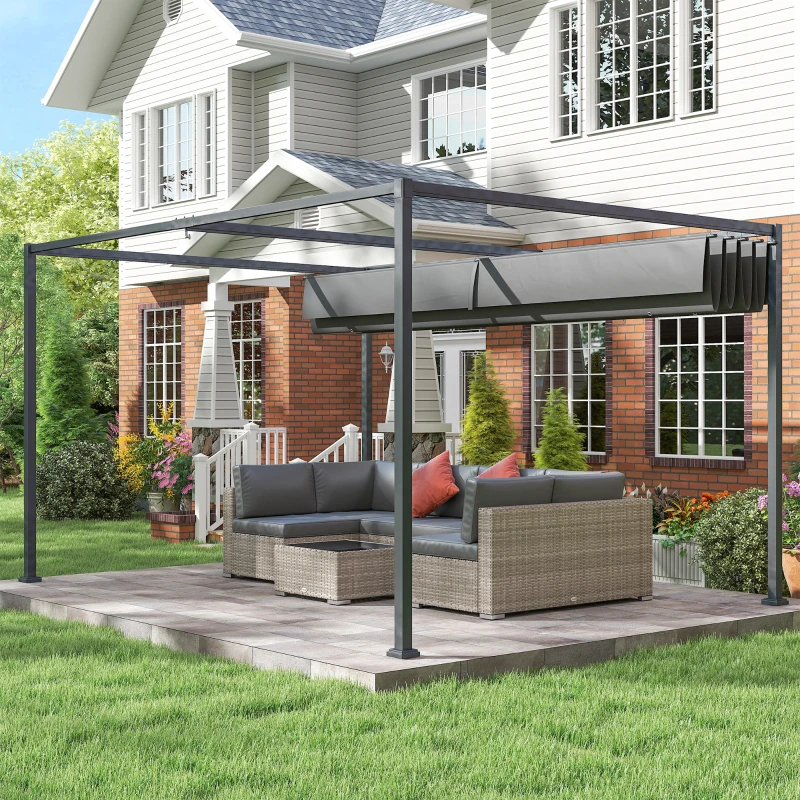 Outsunny 13' x 10' Patio Pergola with Retractable Canopy, Outdoor Sun Shelter, Yard Shade, Dark Grey