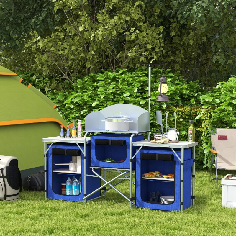 Outsunny Aluminum Camping Kitchen, Portable Folding Camping Table with Fabric Cupboards, Windshield, Bag for BBQ, Picnic, Blue