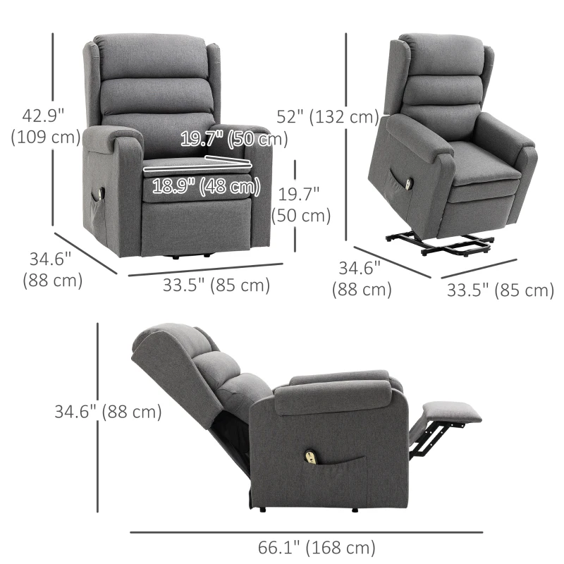 HOMCOM Lift Chair for Elderly, Power Chair Recliner with Footrest, Remote Control, Side Pockets for Living Room, Grey