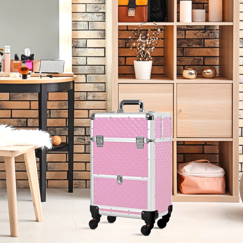 HOMCOM Portable Aluminum Makeup Train Cases, Rolling Makeup Case, Salon Beauty Cosmetic Jewelry Organizer Trolley with 4 Wheels, Pink