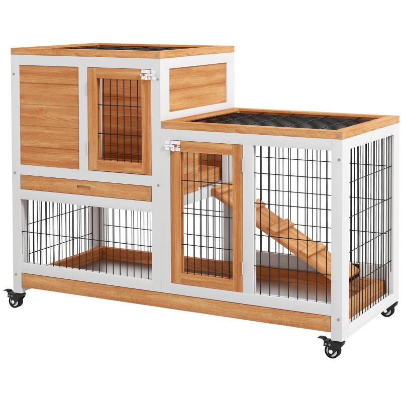 PawHut Wooden Rabbit Hutch, Indoor Bunny Cage with Wheels, Pull Out Trays, Run, Yellow