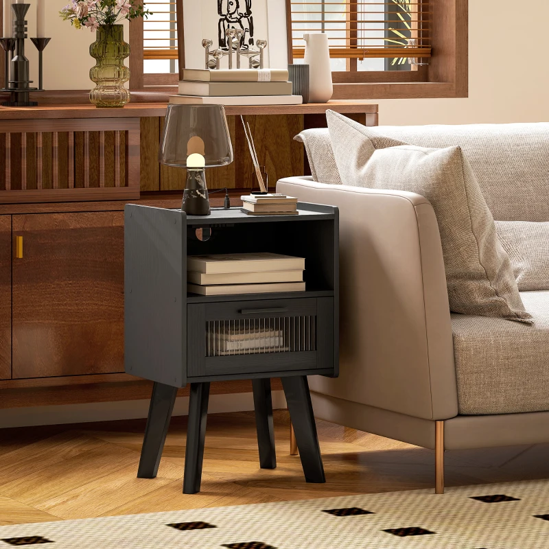 HOMCOM Modern NightStands Set of 2 with Charging Station, Storage, Glass Decorative Door for Bedroom, Living Room, Black