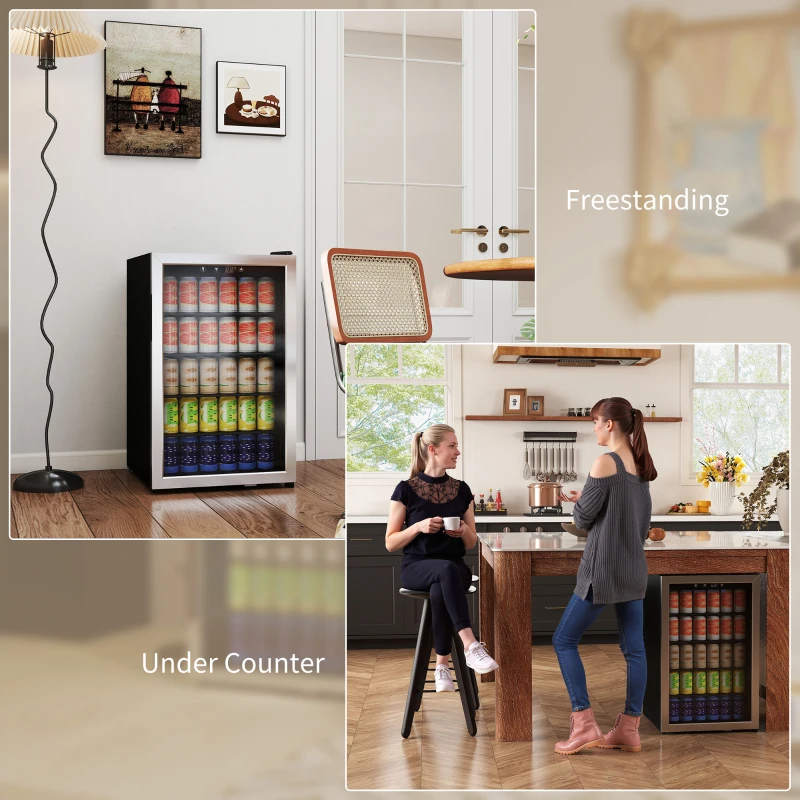 HOMCOM 160 Can Beverage Fridge 4.4 Cu.Ft. Beer Fridge with Double-Layer Glass Door Adjustable Shelves for Beer Soda Drink Wine