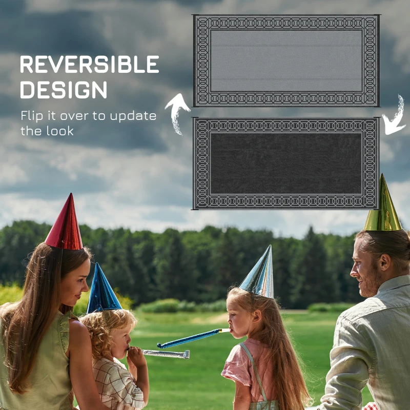 Outsunny Outdoor Rug for Patio, 9' x 18' Waterproof Large Mat, Reversible Plastic Straw Rug for Decor, Portable Outside RV Camping Area Carpet Mat for Backyard Porch Deck Picnic, Black & Gray Border