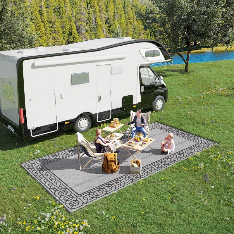 Outsunny Outdoor Rug for Patio, 9' x 18' Waterproof Large Mat, Reversible Plastic Straw Rug for Decor, Portable Outside RV Camping Area Carpet Mat for Backyard Porch Deck Picnic, Black & Gray Border