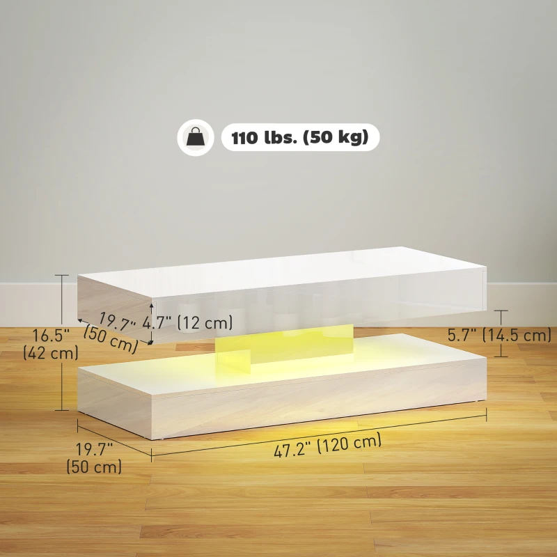 HOMCOM Coffee Table with Adjustable LED Lights, Modern Living Room Table with 2 Drawers, Open Shelf, Remote, High Gloss White