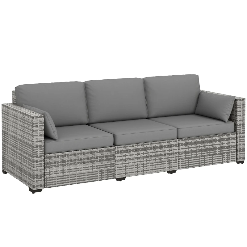 Outsunny 3-Seater Outdoor Sofa with Cushions, PE Rattan Conversation Patio Couch with Pillows for Garden, Poolside, Grey