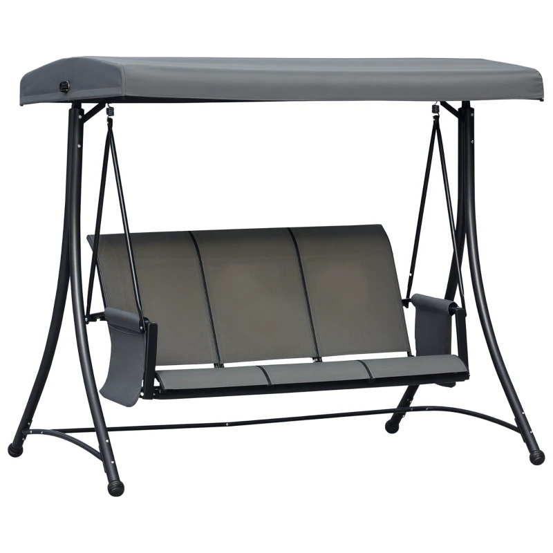 Outsunny 3 Person Porch Swing Outdoor Swing Chair with High Back Design, Side Pouches and Adjustable Canopy, Dark Grey