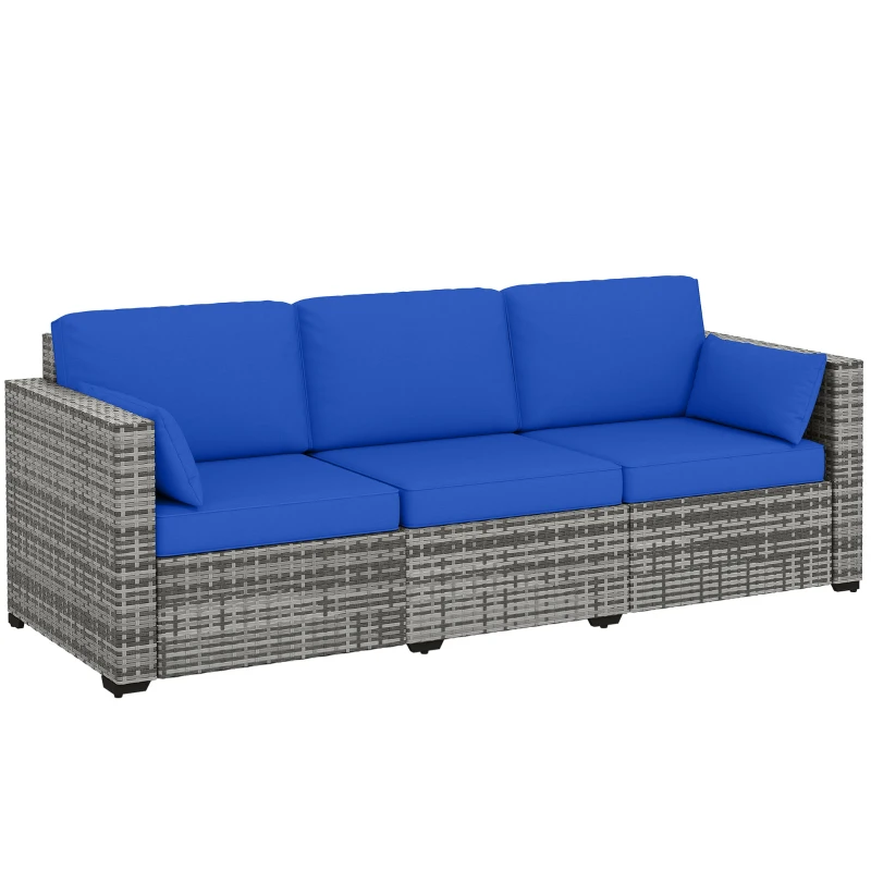 Outsunny 3-Seater Outdoor Sofa with Cushions, PE Rattan Conversation Patio Couch with Pillows for Garden, Poolside, Blue