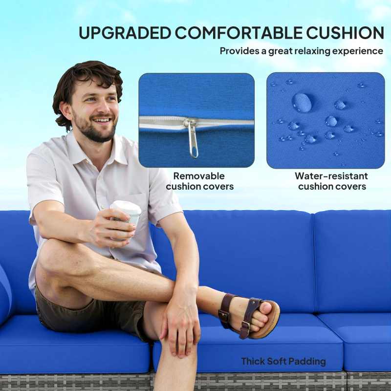 Outsunny 3-Seater Outdoor Sofa with Cushions, PE Rattan Conversation Patio Couch with Pillows for Garden, Poolside, Blue