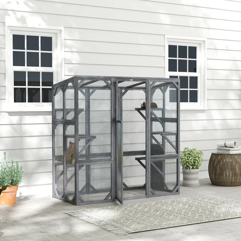 PawHut Large Wooden Catio Outdoor with 6 Jumping Platforms, Weatherproof Roof, for 1-3 Cats, 59" x 28" x 60", Gray