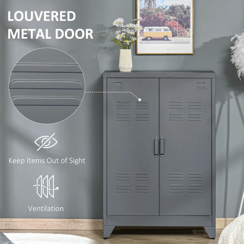 HOMCOM Metal Storage Cabinet, Industrial Sideboard Buffet Cabinet with 2 Louvered Doors, Adjustable Shelves, Grey