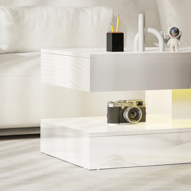 HOMCOM Coffee Table with Adjustable LED Lights, Modern Living Room Table with 2 Drawers, Open Shelf, Remote, High Gloss White